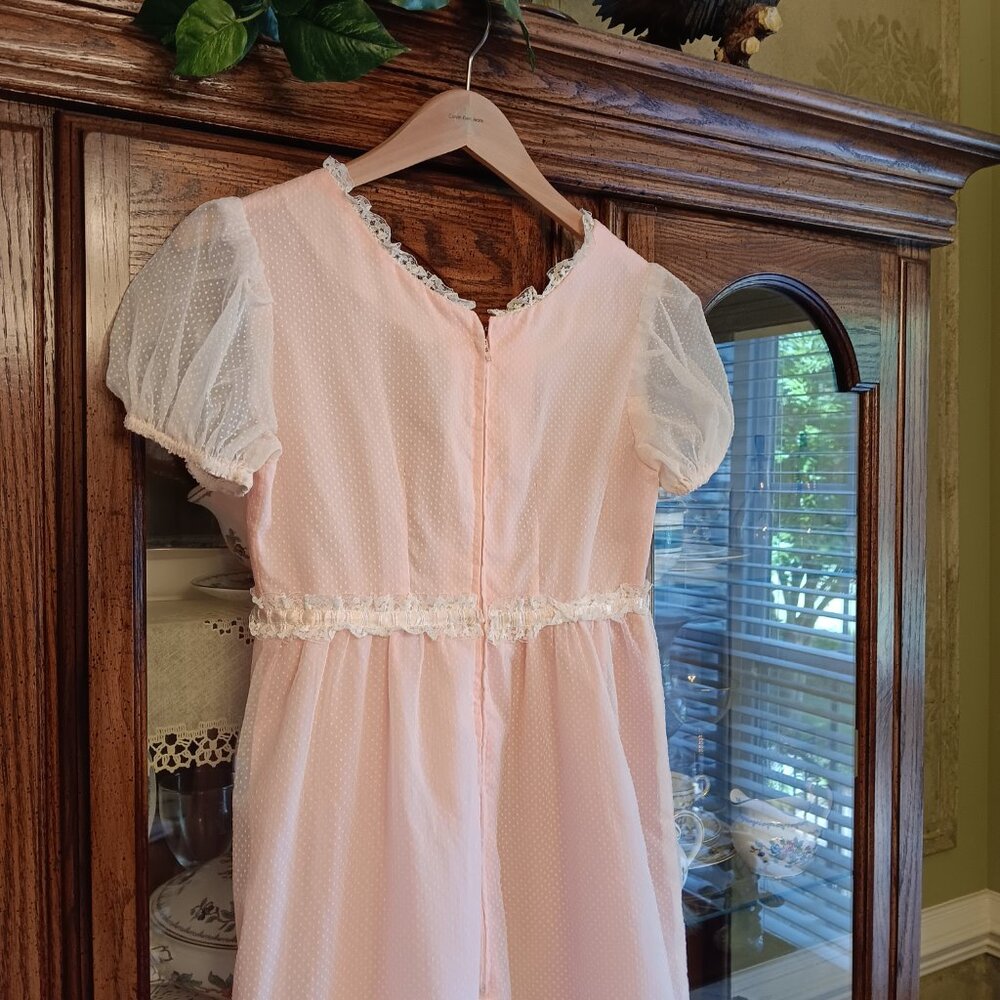 Vintage 50s Debutante Pink Swiss Dot Lace Trim Babydoll Maxi Dress Size S